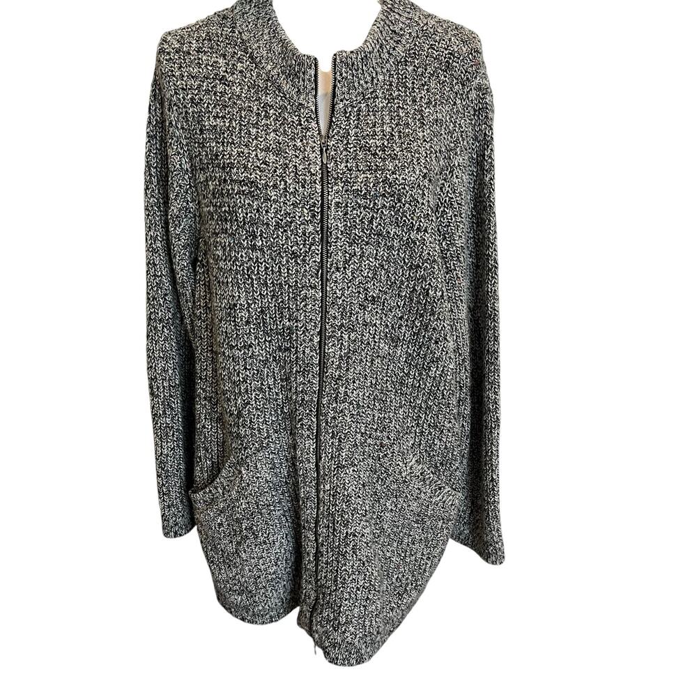 J. Jill Cardigan Large Black Multi Textured Full Zip Cotton Blend Long Pockets